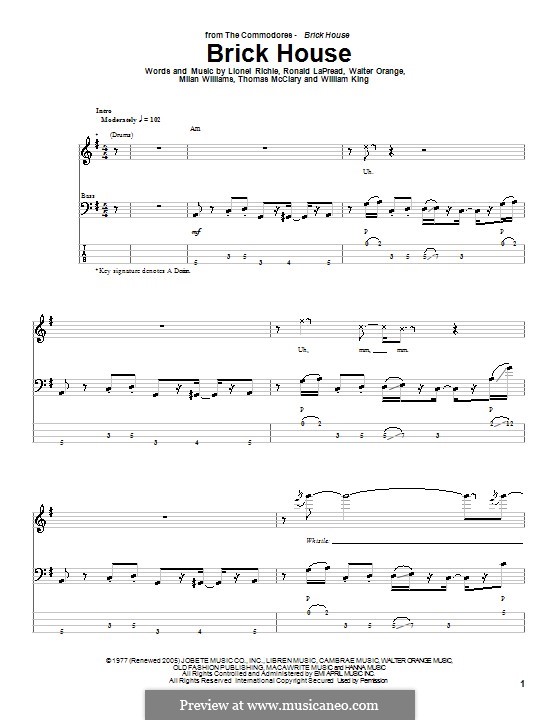 Brick House (The Commodores): For bass guitar with tab by Lionel Richie, Milan Williams, Ronald LaPread, Thomas McClary, Walter Orange, William King
