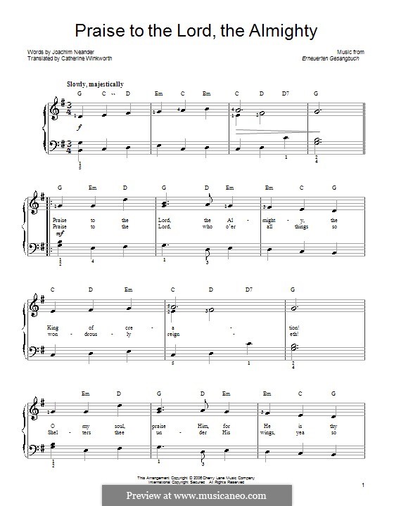 Praise to the Lord, the Almighty: For easy piano by Unknown (works before 1850)