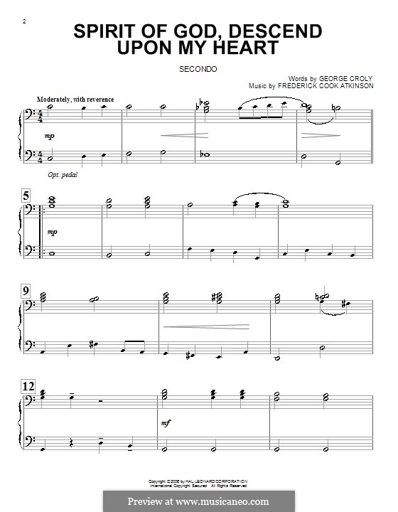 Spirit of God, Descend upon My Heart: For piano four hands by Frederick Cook Atkinson