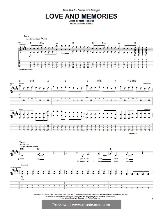 Love and Memories (O.A.R.): For guitar with tab by Glen Ballard, Marc Roberge