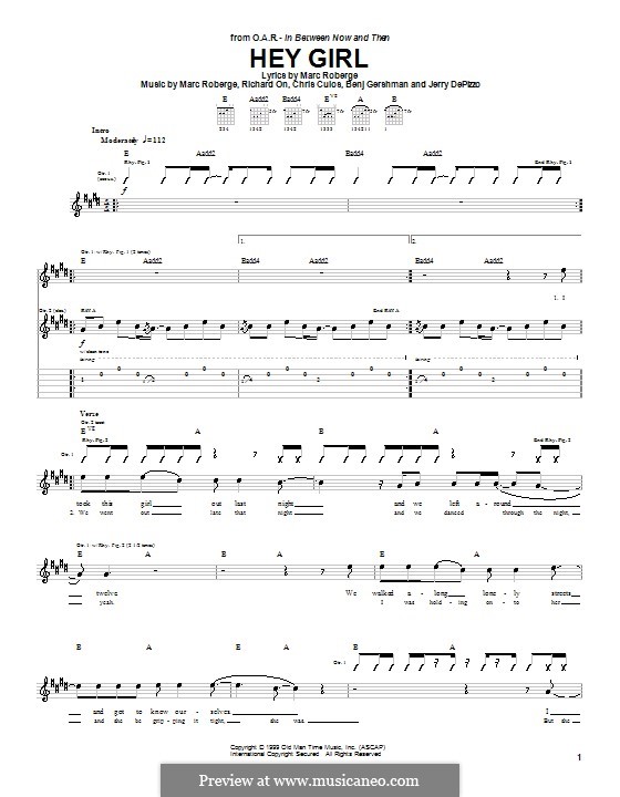 Hey Girl (O.A.R.): For guitar with tab by Benj Gershman, Chris Culos, Jerry DePizzo, Marc Roberge, Richard On