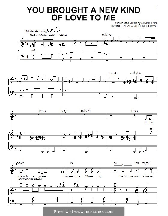 You Brought a New Kind of Love to Me (Frank Sinatra): For voice and piano (or guitar) by Irving Kahal, Pierre Norman Connor, Sammy Fain