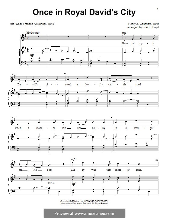 Once in Royal David's City (Printable scores): For voice and piano (or guitar) by Henry John Gauntlett