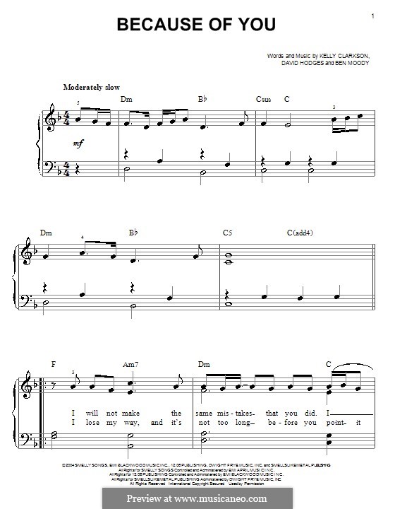 Because of You: For easy piano by Ben Moody, David Hodges, Kelly Clarkson