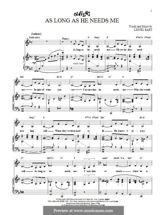 As Long as He Needs Me (from Oliver!): For voice and piano (or guitar) by Lionel Bart