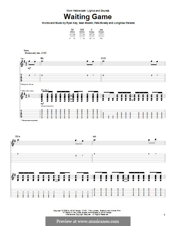 Waiting Game (Yellowcard): For guitar with tab by Longineu Parsons, Peter Mosely, Ryan Key, Sean Mackin