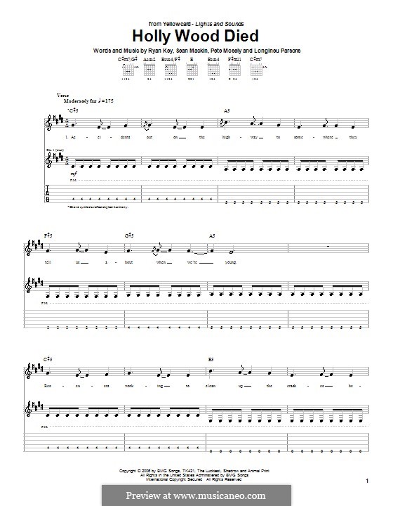 Holly Wood Died (Yellowcard): For guitar with tab by Longineu Parsons, Peter Mosely, Ryan Key, Sean Mackin