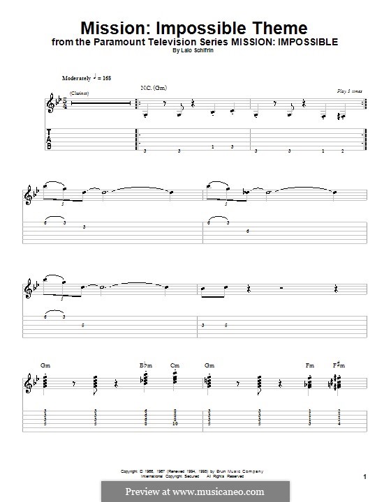 Mission: Impossible Theme: For guitar with tab by Lalo Schifrin