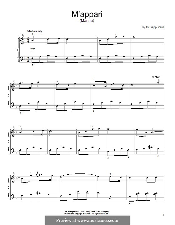 Martha, or The Market at Richmond: M'appari tutt' amor, for piano by Friedrich von Flotow