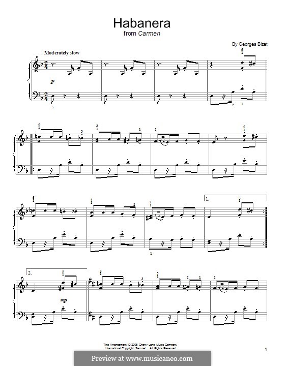 Habanera (Printable Scores): Version for easy piano (D Minor) by Georges Bizet