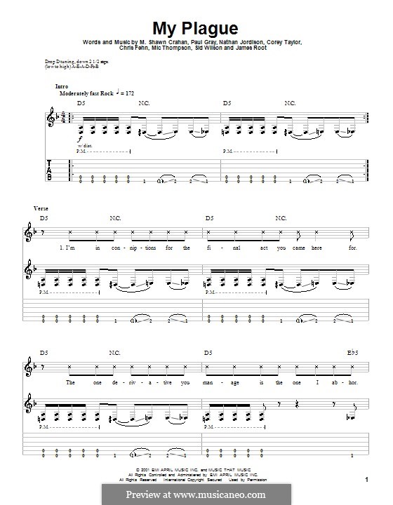 My Plague (Slipknot): For guitar with tab by Chris Fehn, Corey Taylor, James Root, M. Shawn Crahan, Mic Thompson, Nathan Jordison, Paul Gray, Sid Wilson