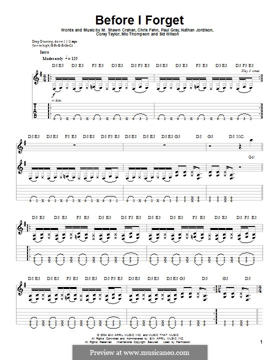 Before I Forget (Slipknot): For guitar with tab by Chris Fehn, Corey Taylor, M. Shawn Crahan, Mic Thompson, Nathan Jordison, Paul Gray, Sid Wilson