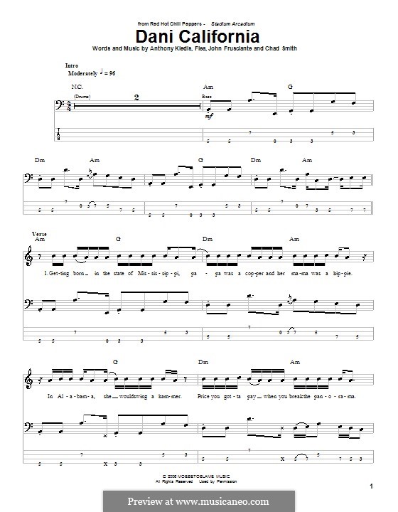 Dani California (Red Hot Chili Peppers): For bass guitar with tab by Flea, Anthony Kiedis, Chad Smith, John Frusciante