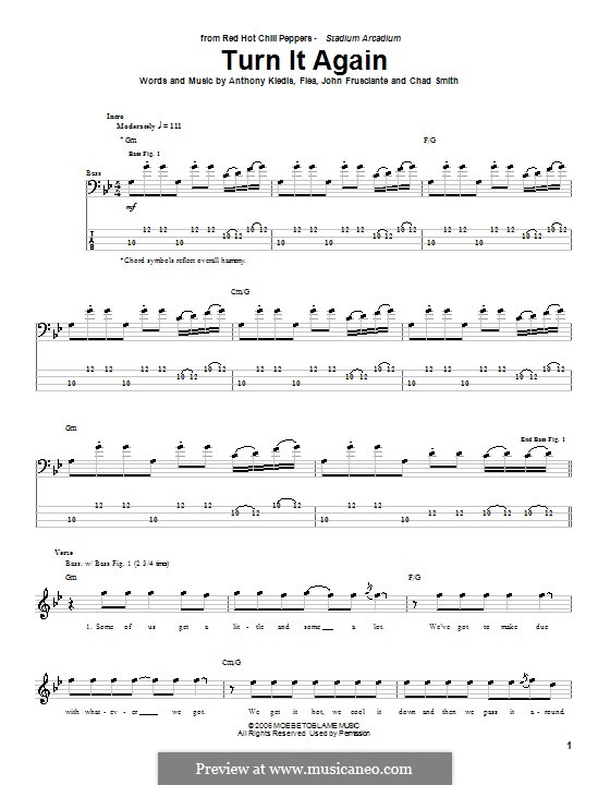 Turn it Again (Red Hot Chili Peppers): For bass guitar with tab by Flea, Anthony Kiedis, Chad Smith, John Frusciante