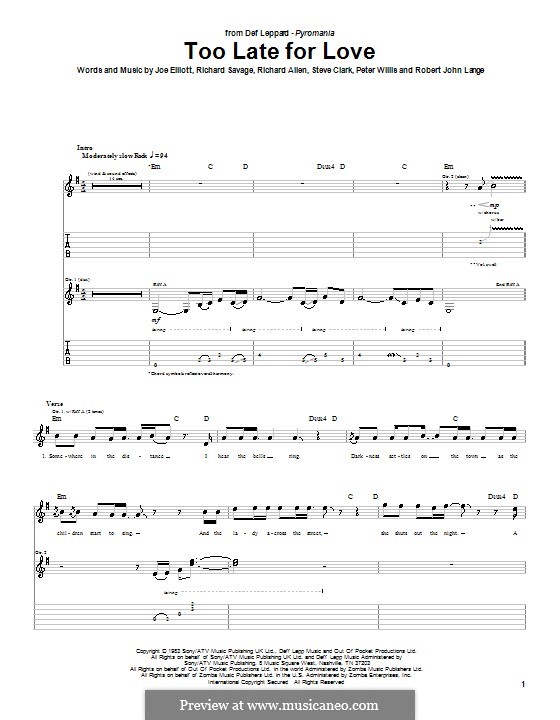 Too Late for Love (Def Leppard): For guitar with tab by Joe Elliott, Peter Willis, Richard Allen, Richard Savage, Robert John Lange, Steve Clark