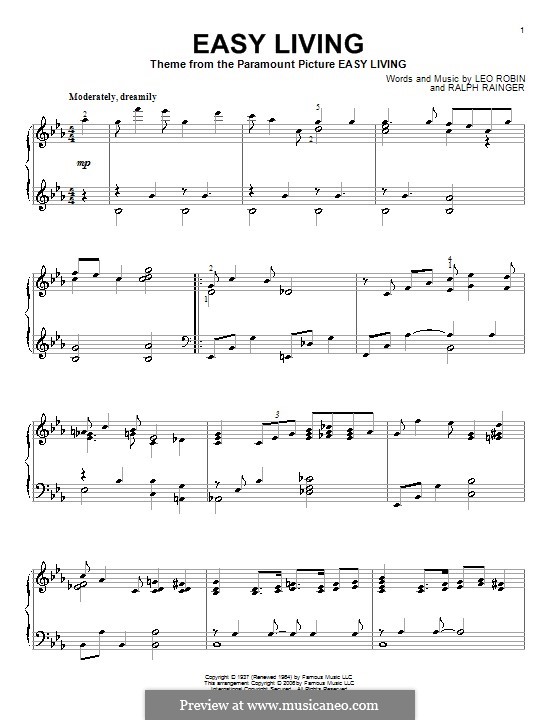 Easy Living (Billie Holiday): For piano by Leo Robin, Ralph Rainger