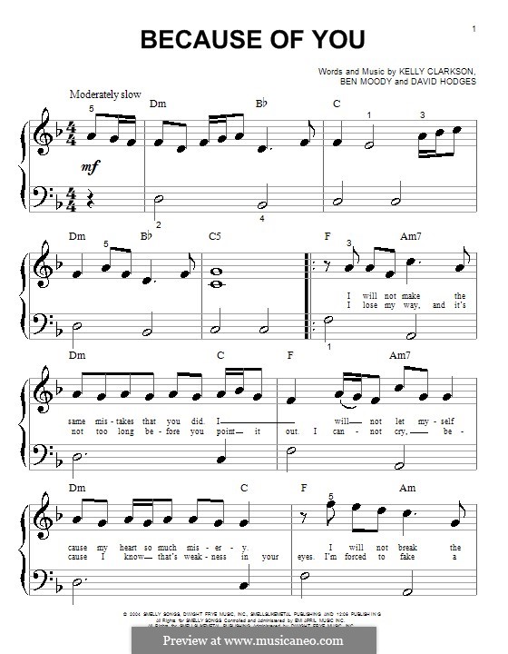 Because of You: For piano (very easy version) by Ben Moody, David Hodges, Kelly Clarkson