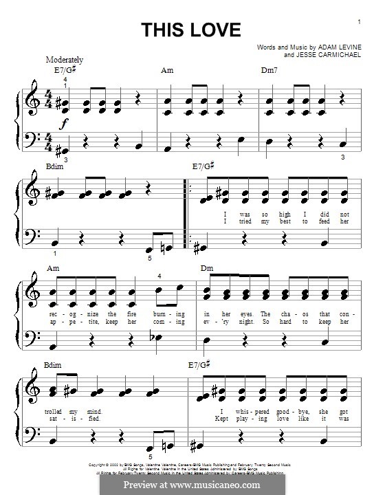 This Love (Maroon 5): For piano (very easy version) by Adam Levine, Jesse Carmichael