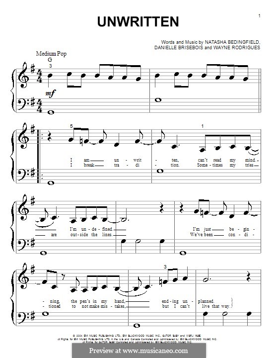 Unwritten: For piano (very easy version) by Danielle Brisebois, Wayne Rodrigues