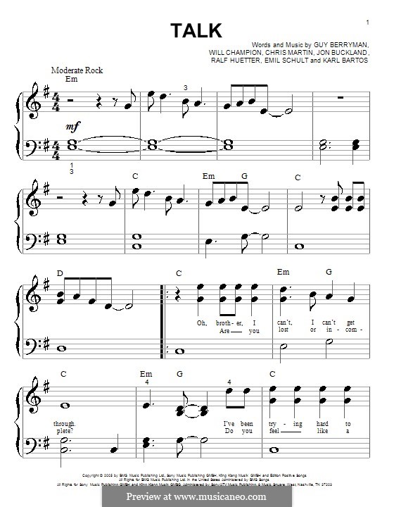 Talk (Coldplay): For piano (very easy version) by Chris Martin, Emil Schult, Guy Berryman, Jonny Buckland, Karl Bartos, Ralf Hütter, Will Champion