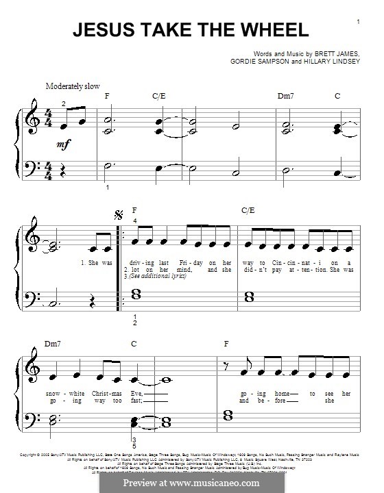 Jesus Take the Wheel (Carrie Underwood): For piano (very easy version) by Brett James, Gordie Sampson, Hillary Lindsey