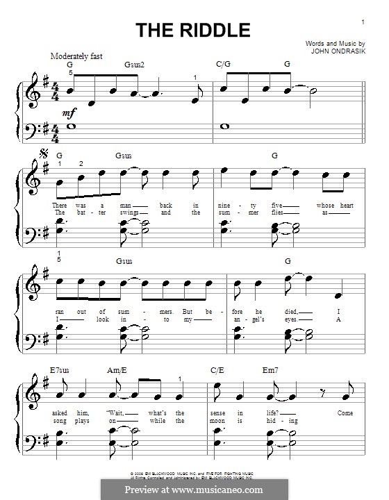 The Riddle (Five for Fighting): For piano (very easy version) by John Ondrasik