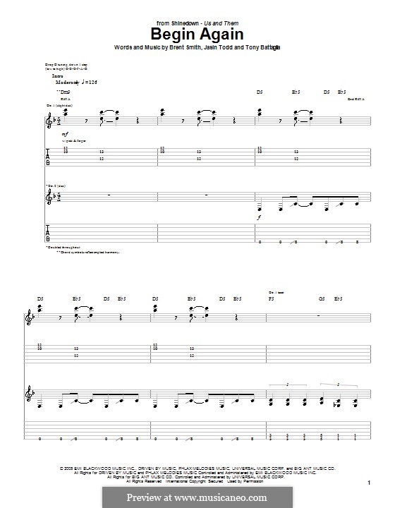 Begin Again (Shinedown): For guitar with tab by Tony Battaglia, Brent Smith, Jasin Todd