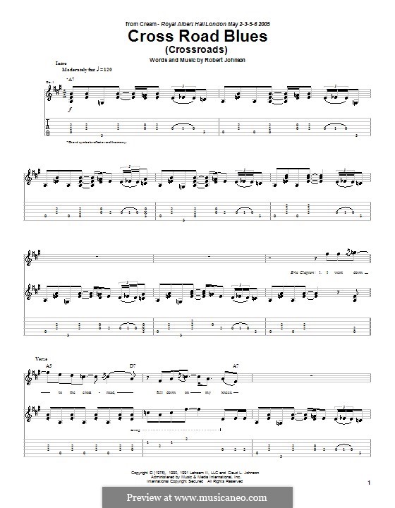 Cross Road Blues (Crossroads): For guitar with tablature by Robert Leroy Johnson