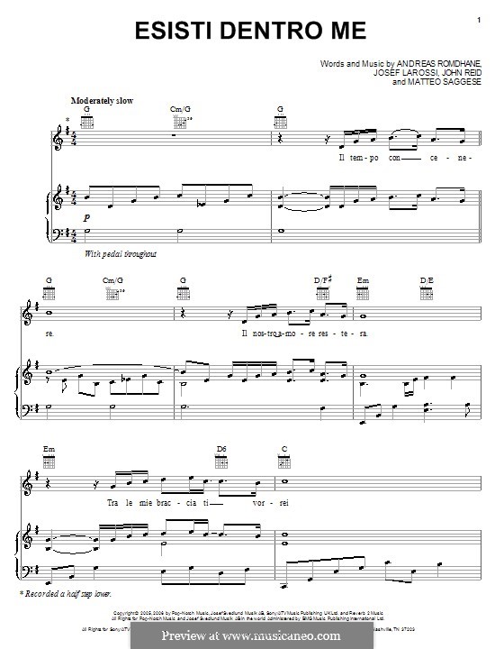 Esisti Dentro Me (Il Divo): For voice and piano (or guitar) by Andreas 'Quiz' Romdhane, John Reid, Josef Larossi, Matteo Saggese