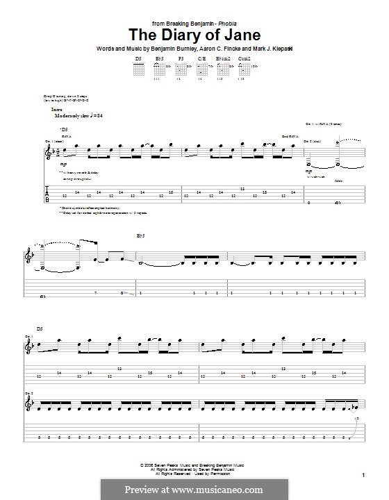 The Diary of Jane (Breaking Benjamin): For guitar with tab by Aaron C. Fincke, Benjamin Burnley, Mark J. Klepaski