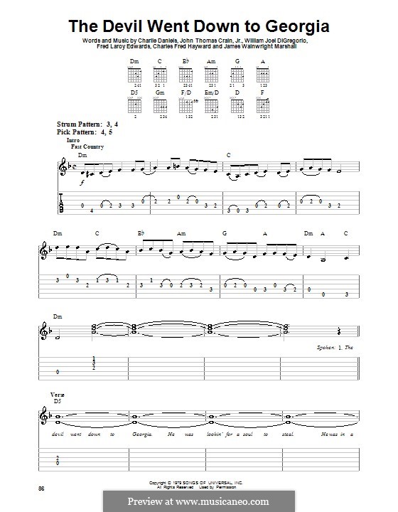 The Devil Went Down to Georgia (Charlie Daniels Band): For guitar (very easy version) by Charles Fred Hayward, Charlie Daniels, Fred Laroy Edwards, James Wainwright Marshall, John Thomas Crain Jr., William Joel DiGregorio
