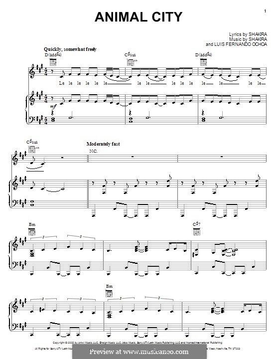 Animal City (Shakira): For voice and piano (or guitar) by Luis Fernando Ochoa