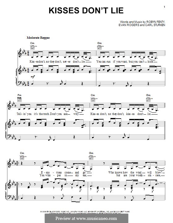 Kisses Don't Lie: For voice and piano (or guitar) by Carl Sturken, Evan Rogers, Rihanna