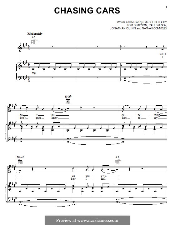 Chasing Cars (Snow Patrol): For voice and piano (or guitar) by Gary Lightbody, Jonathan Quinn, Nathan Connolly, Paul Wilson, Tom Simpson