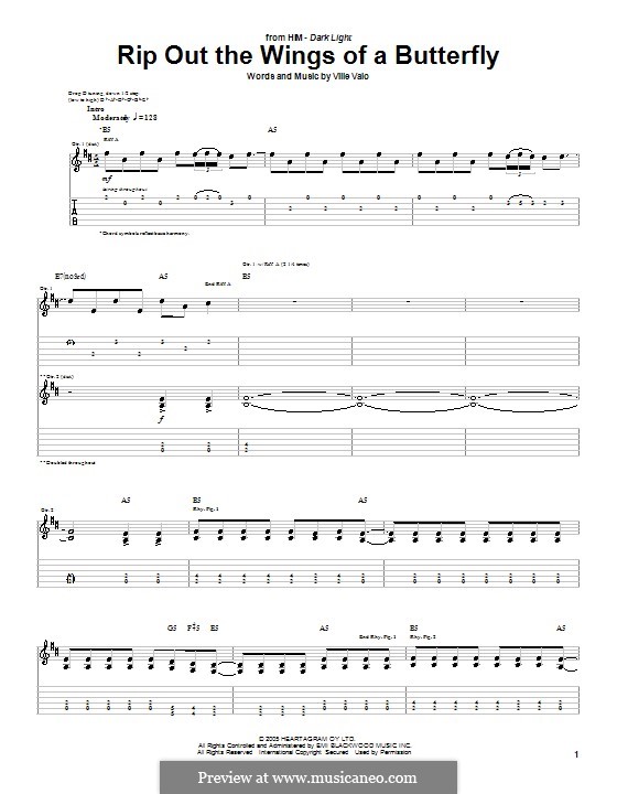 Rip Out the Wings of a Butterfly (H.I.M.): For guitar with tab by Ville Valo