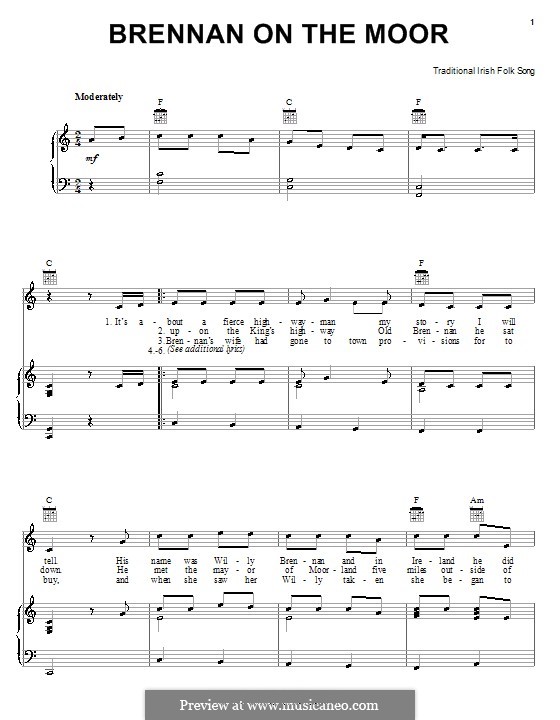 Brennan on the Moor: For voice and piano (or guitar) by folklore