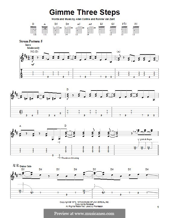 Gimme Three Steps (Lynyrd Skynyrd): For guitar (very easy version) by Allen Collins, Ronnie Van Zant
