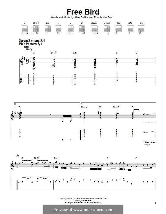 Free Bird (Lynyrd Skynyrd): For guitar (very easy version) by Allen Collins, Ronnie Van Zant