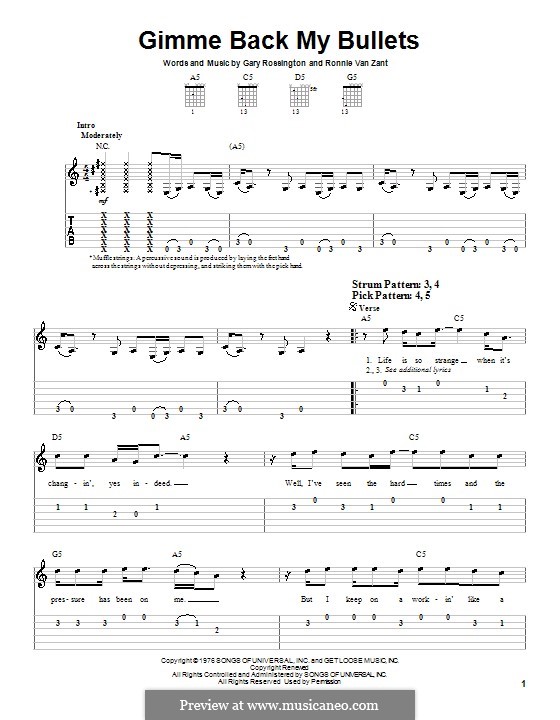 Gimme Back My Bullets (Lynyrd Skynyrd): For guitar (very easy version) by Gary Rossington, Ronnie Van Zant