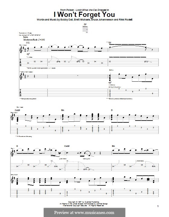 I Won't Forget You (Poison): For guitar with tab by Bobby Dall, Bret Michaels, C.C. DeVille, Rikki Rockett