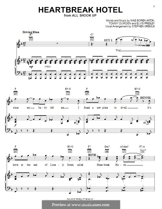 Heartbreak Hotel (Elvis Presley): For voice and piano or guitar (F Major) by Mae Boren Axton, Tommy Durden