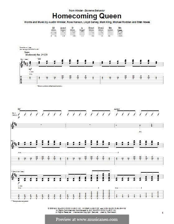 Homecoming Queen (Hinder): For guitar with tab by Austin Winkler, Brian Howes, Lloyd Garvey, Mark King, Michael Rodden, Ross Hanson