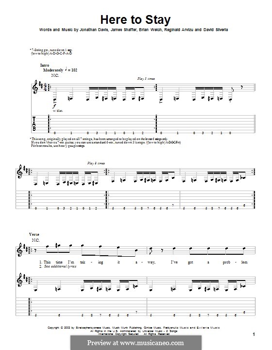 Here To Stay (Korn): For guitar with tab by Brian Welch, David Silveria, James Shaffer, Jonathan Davis, Reginald Arvizu