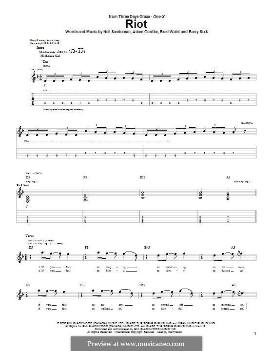 Riot (Three Days Grace): For guitar with tab by Adam Gontier, Barry Stock, Brad Walst, Neil Sanderson