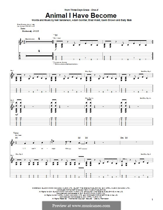 Animal I Have Become (Three Days Grace): For guitar with tab by Adam Gontier, Barry Stock, Brad Walst, Gavin Brown, Neil Sanderson