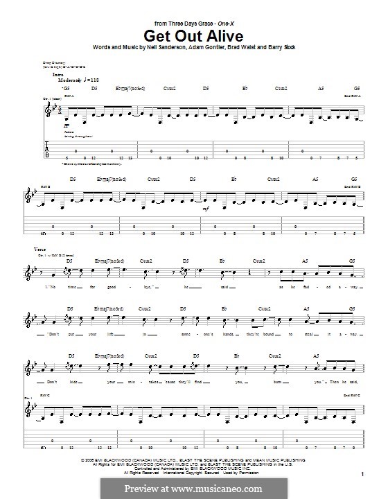 Get Out Alive (Three Days Grace): For guitar with tab by Adam Gontier, Barry Stock, Brad Walst, Neil Sanderson
