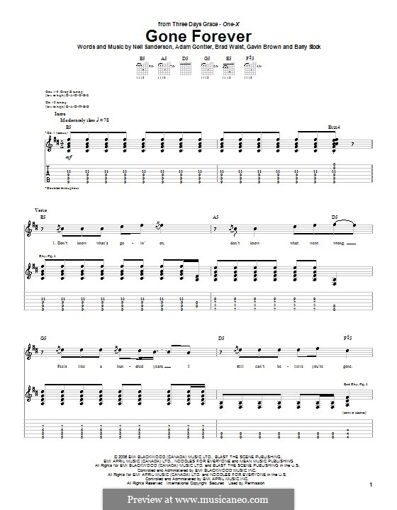 Gone Forever (Three Days Grace): For guitar with tab by Adam Gontier, Barry Stock, Brad Walst, Gavin Brown, Neil Sanderson