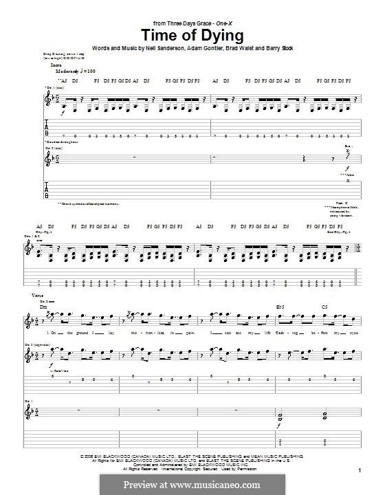 Time of Dying (Three Days Grace): For guitar with tab by Adam Gontier, Barry Stock, Brad Walst, Neil Sanderson