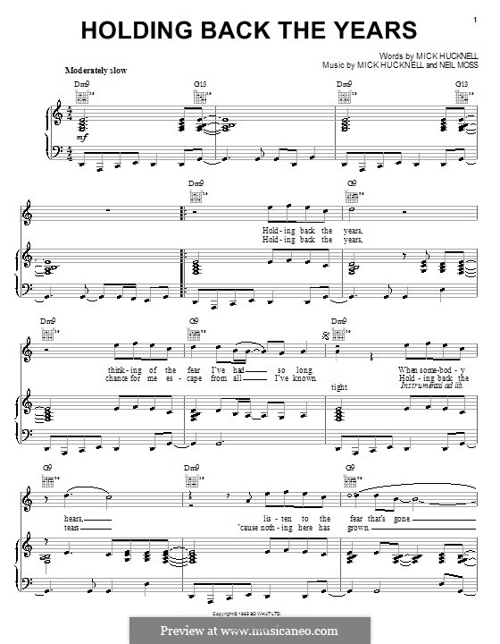 Holding Back the Years (Simply Red): For voice and piano (or guitar) by Mick Hucknall, Neil Moss