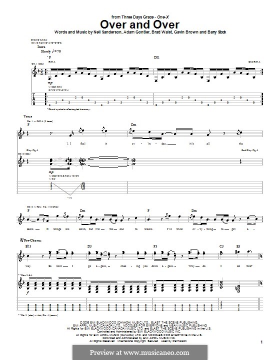 Over and Over (Three Days Grace): For guitar with tab by Adam Gontier, Barry Stock, Brad Walst, Gavin Brown, Neil Sanderson